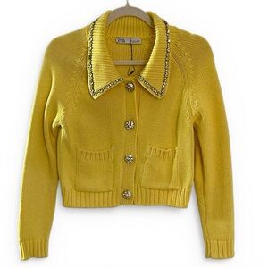 Zara Yellow Crystal Rhinestone Collar Cardigan Embellished Knit Sweater Size S